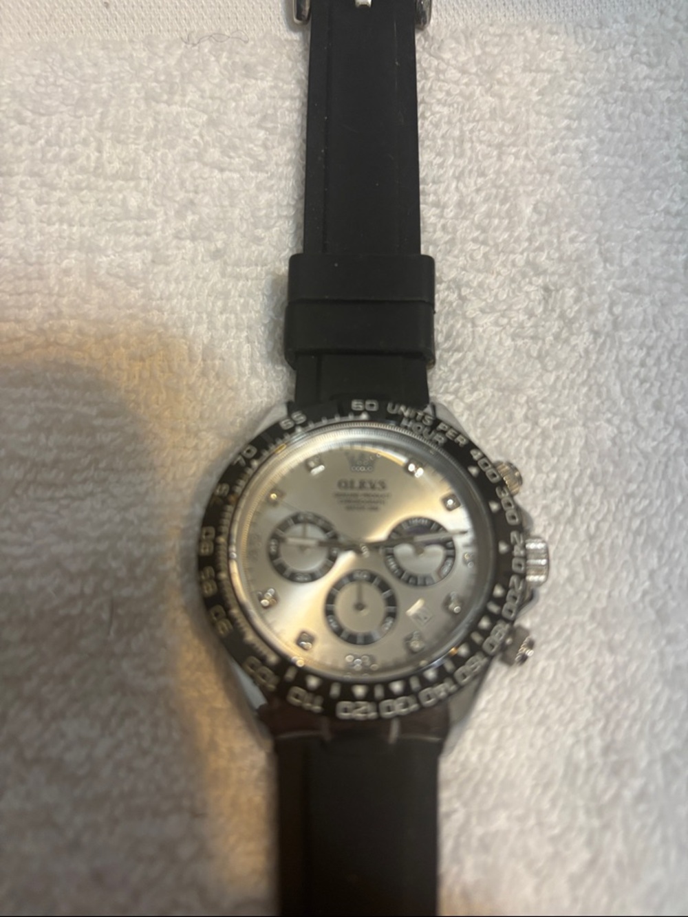 Men's Silver Dial Chronograph Watch with Black Strap